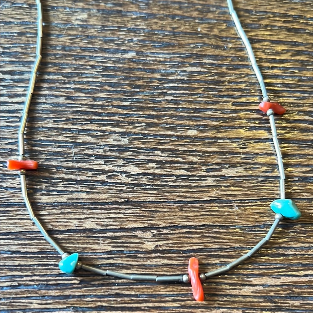 Vintage Native American Elegant Coral and Turquoise Necklace choker 14” silver